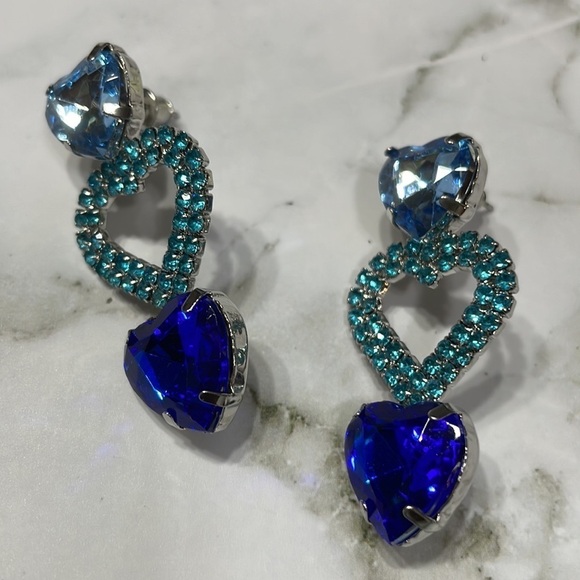 Romantic Blue Crystal Three Heart Drop Earrings - Picture 12 of 17